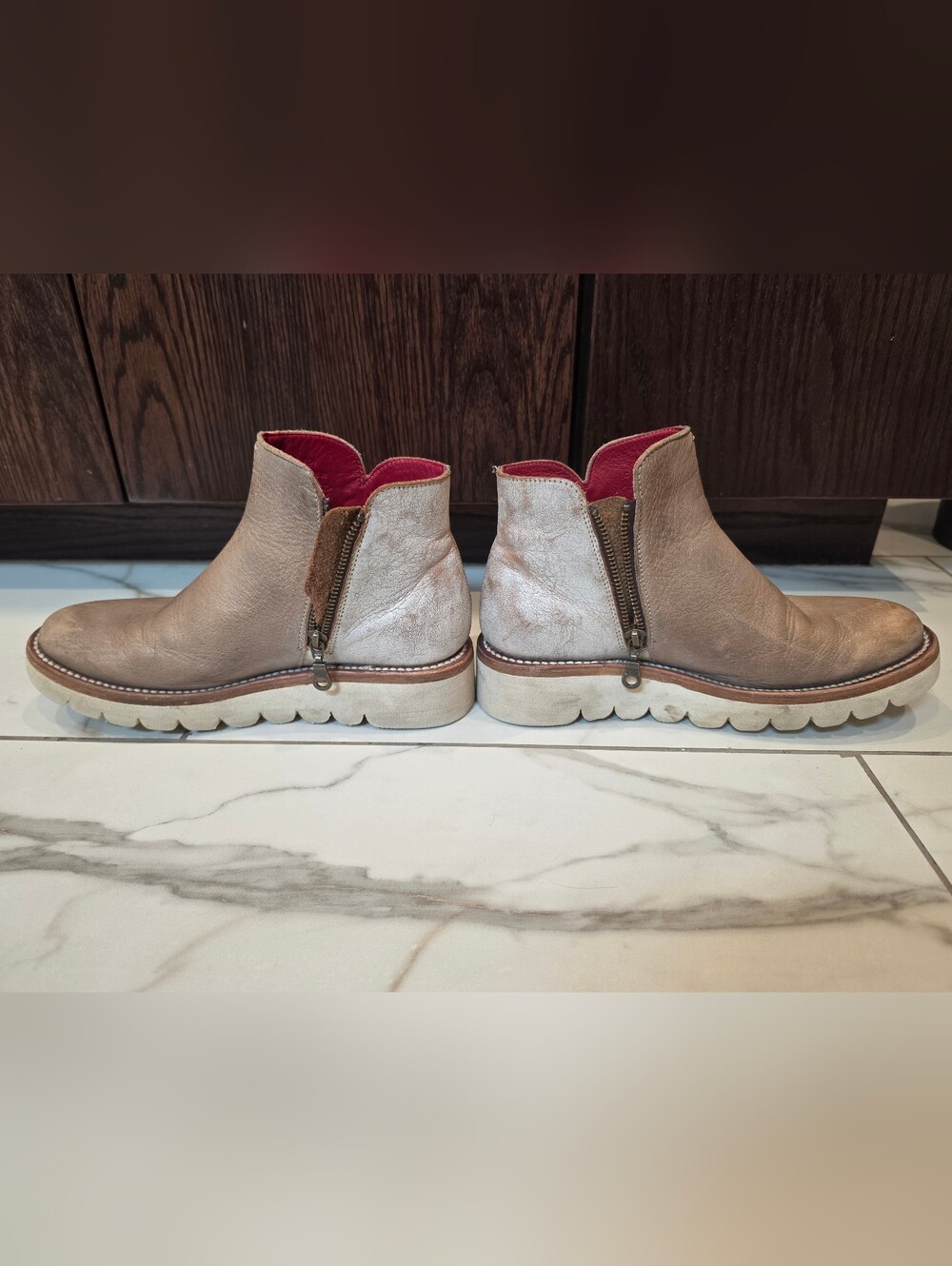 Bed Stu Taupe Leather Ankle Boots with Red Lining - Picture 3 of 5